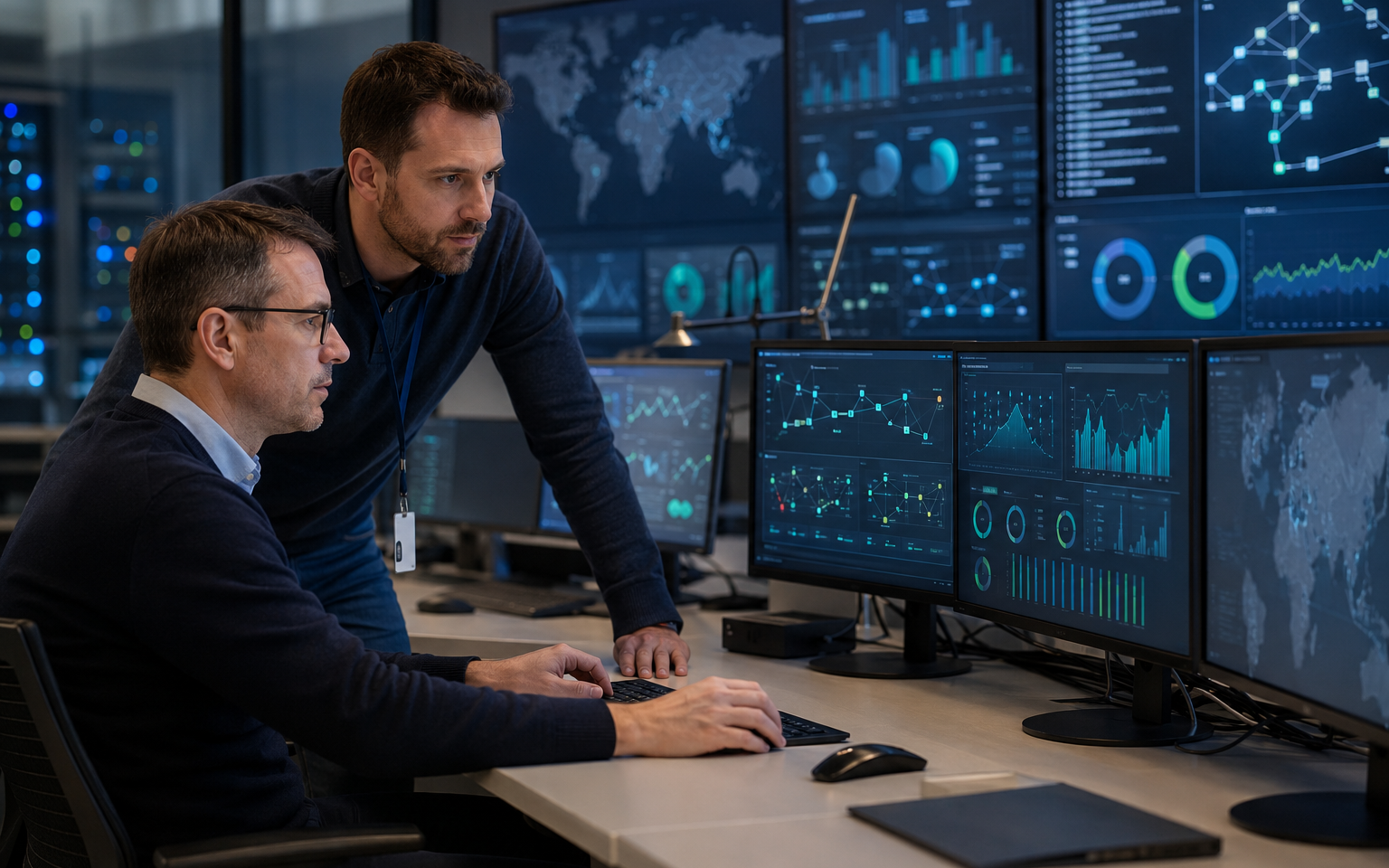 Engineers monitoring mission-critical infrastructure in a network operations centre