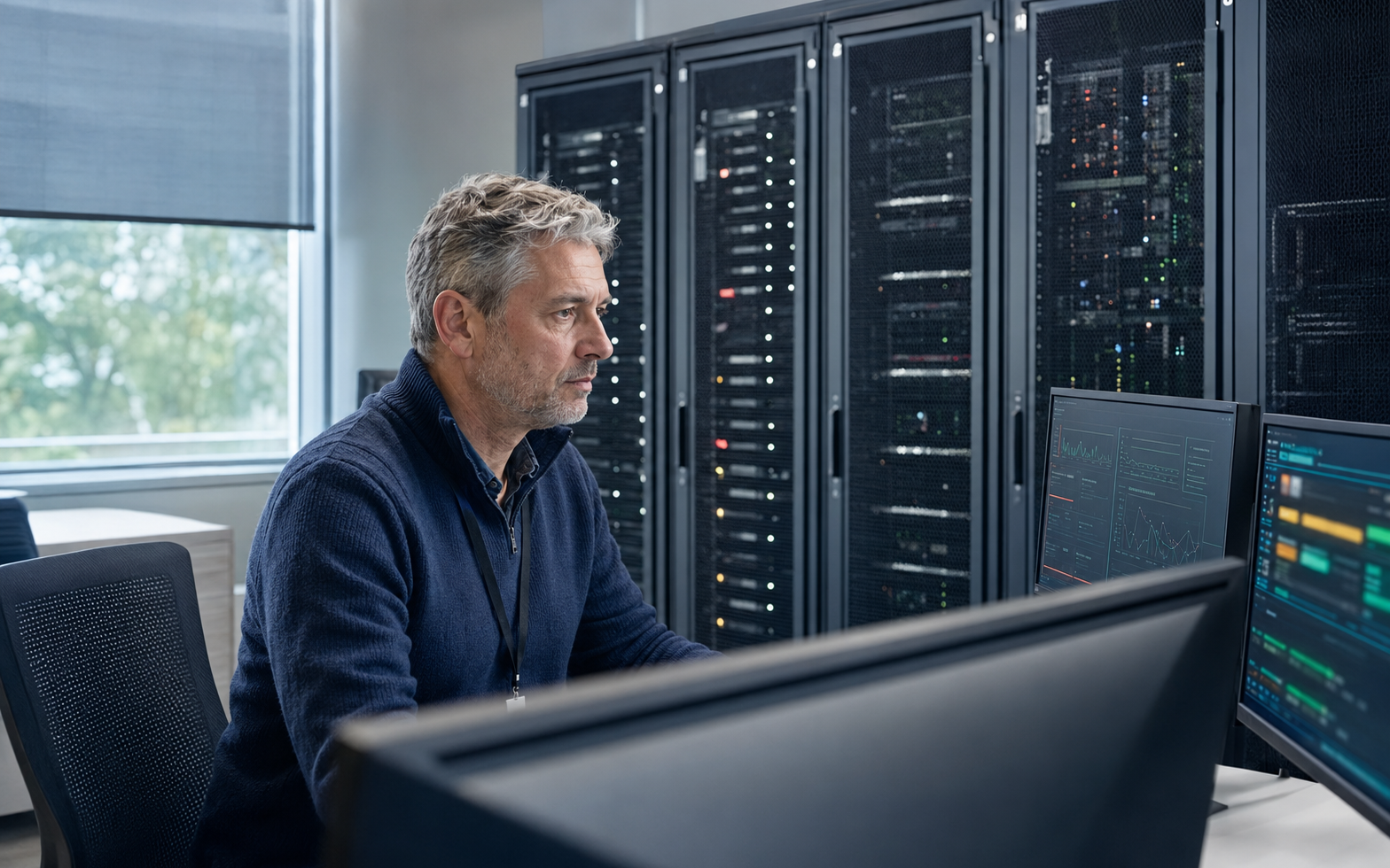 Experienced infrastructure engineer monitoring a mission-critical system